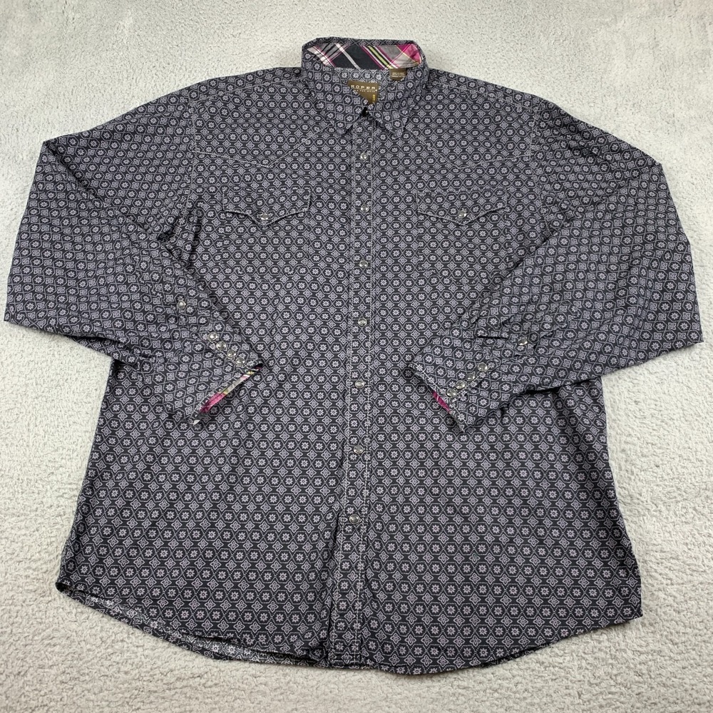 Roper‎ Shirt Mens 2XL XXL Grey Geometric Western Pearl Snap Cowboy Long Sleeve